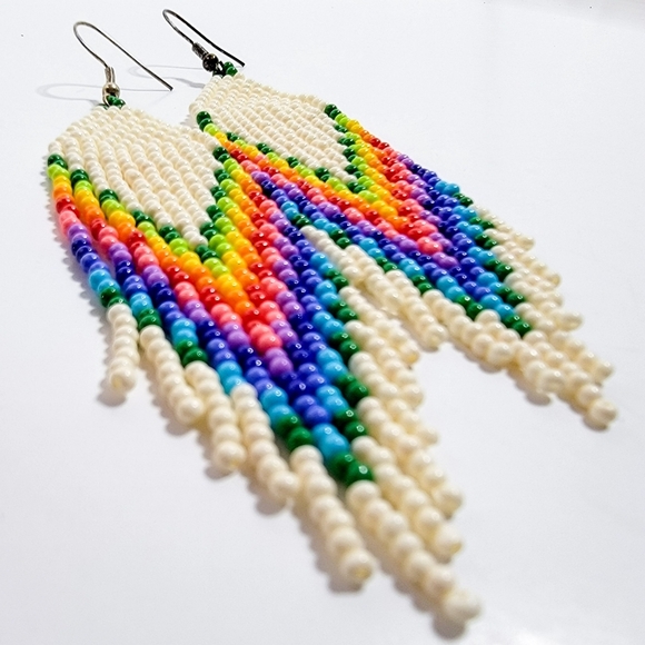 White Rainbow 🌈 Long Fringe Seed Bead Earrings - Picture 2 of 5